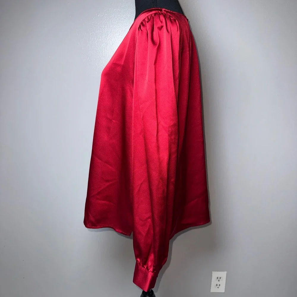 LOFT Womens Red Satin Puff Sleeve Dressy Blouse Crew Neck Keyhole Back Size L